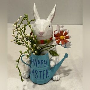 Wooden Decorative Easter Bunny Metal Watering Can Flowers 'Happy Easter'